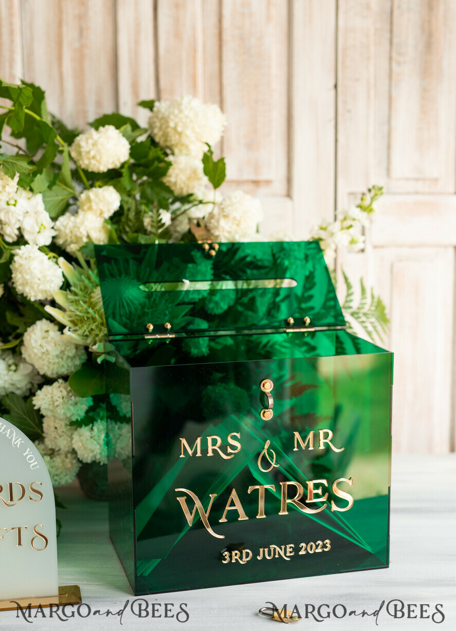 CARD BOXES acrylic Cards box Elegant Emerald Green wedding Set acrylic card box with Lock and sign cards & gifts, Personalized Wedding Card Box, Greenery Acryl Wedding Card Box with Lid,