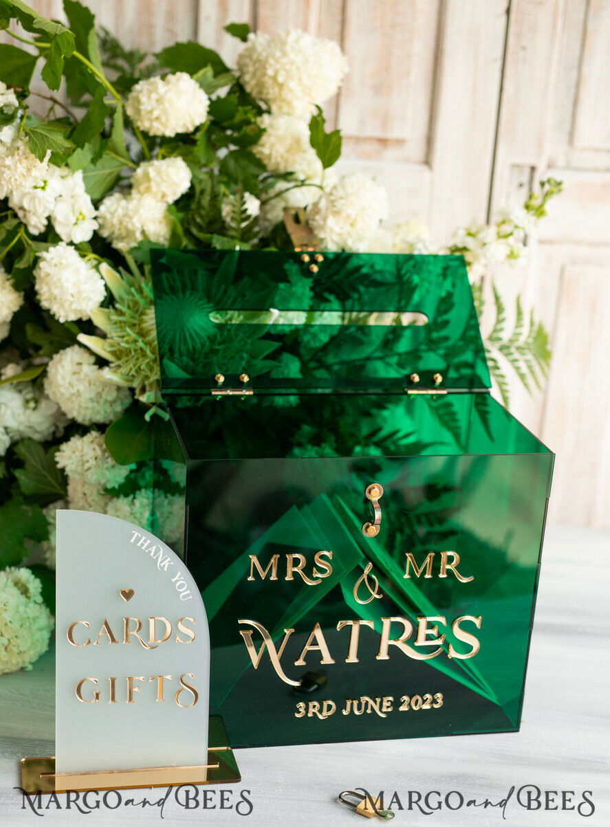 CARD BOXES acrylic Cards box Elegant Emerald Green wedding Set acrylic card box with Lock and sign cards & gifts, Personalized Wedding Card Box, Greenery Acryl Wedding Card Box with Lid,