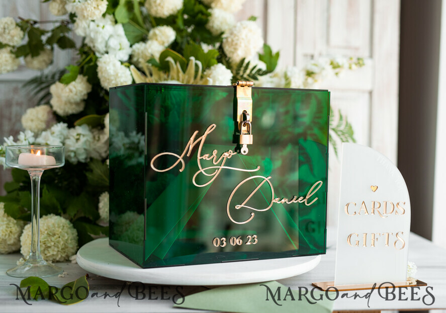 CARD BOXES acrylic Cards box Elegant Emerald Green wedding Set acrylic card box with Lock and sign cards & gifts, Personalized Wedding Card Box, Greenery Acryl Wedding Card Box with Lid,