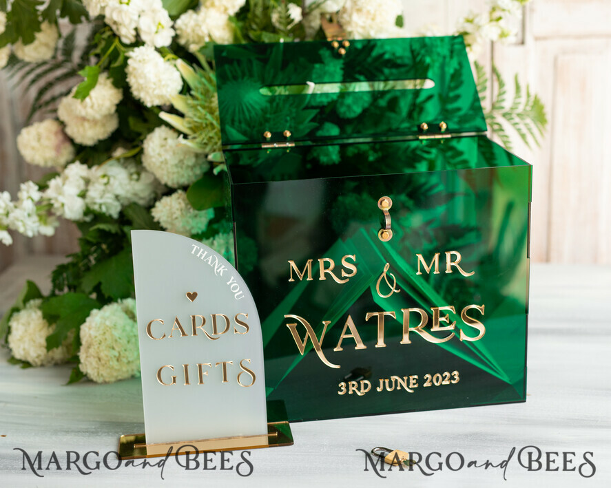 CARD BOXES acrylic Cards box Elegant Emerald Green wedding Set acrylic card box with Lock and sign cards & gifts, Personalized Wedding Card Box, Greenery Acryl Wedding Card Box with Lid,
