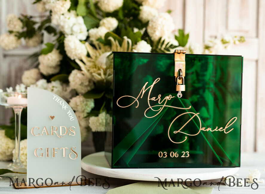 CARD BOXES acrylic Cards box Elegant Emerald Green wedding Set acrylic card box with Lock and sign cards & gifts, Personalized Wedding Card Box, Greenery Acryl Wedding Card Box with Lid,
