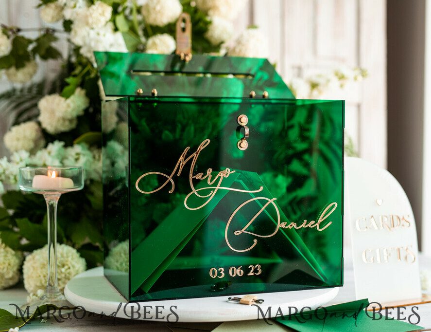 CARD BOXES acrylic Cards box Elegant Emerald Green wedding Set acrylic card box with Lock and sign cards & gifts, Personalized Wedding Card Box, Greenery Acryl Wedding Card Box with Lid,