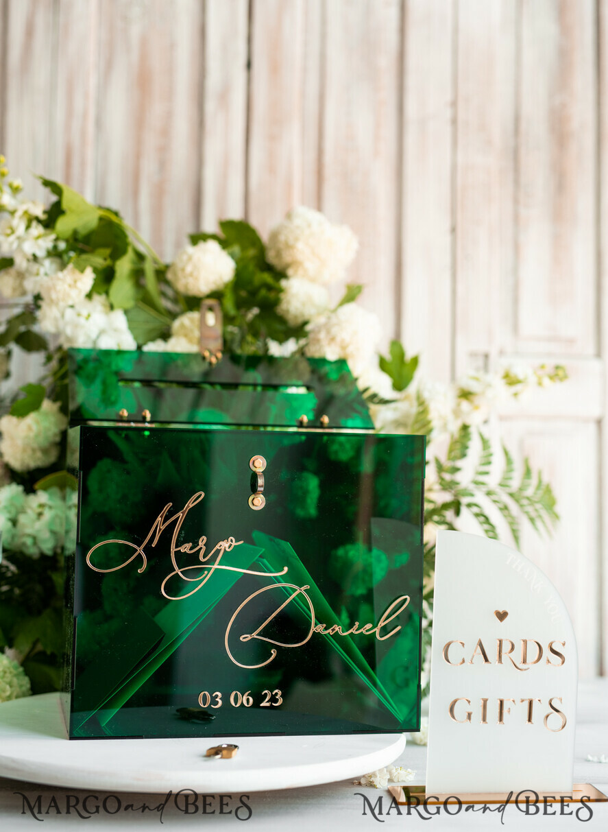 CARD BOXES acrylic Cards box Elegant Emerald Green wedding Set acrylic card box with Lock and sign cards & gifts, Personalized Wedding Card Box, Greenery Acryl Wedding Card Box with Lid,