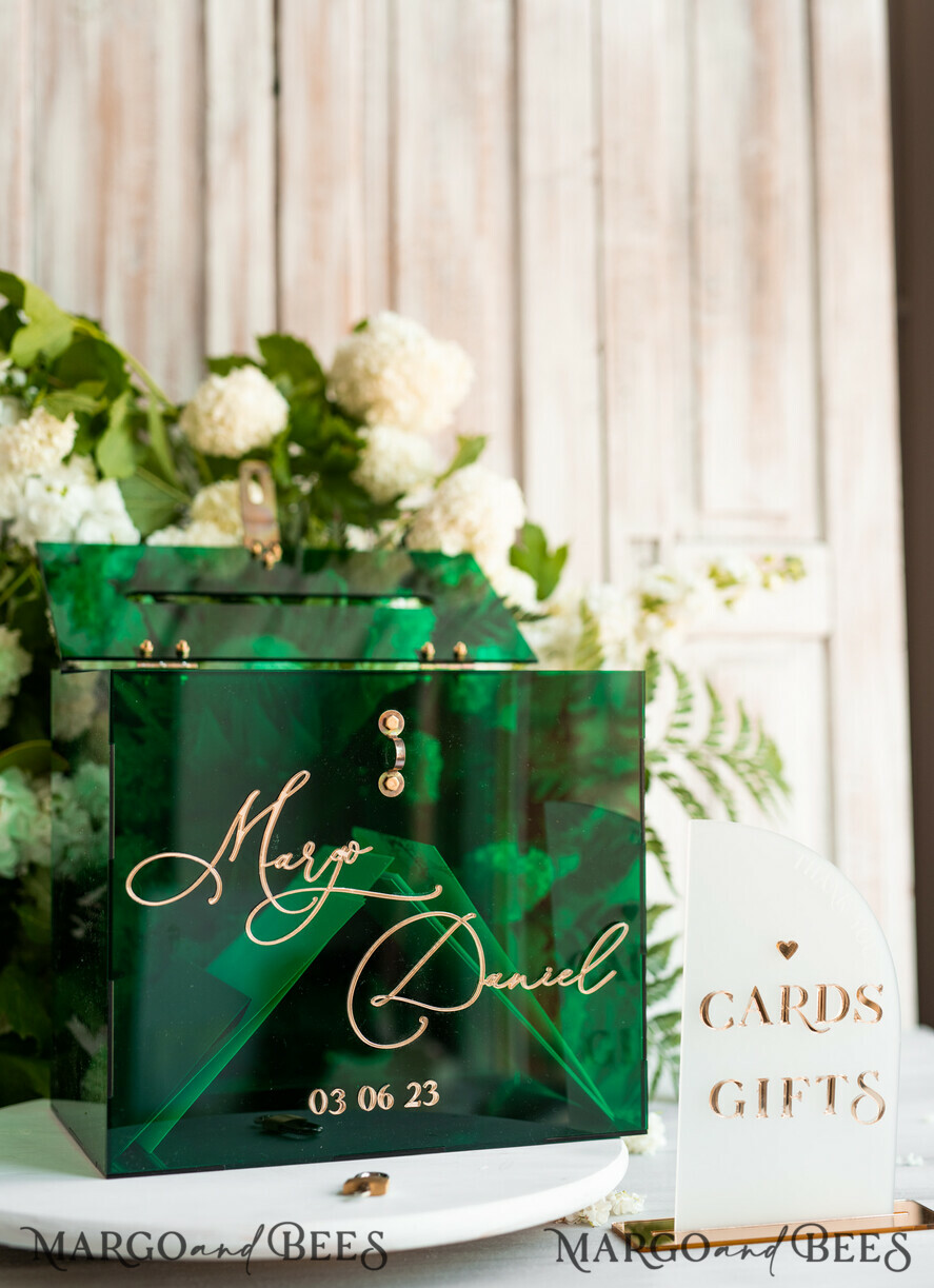 CARD BOXES acrylic Cards box Elegant Emerald Green wedding Set acrylic card box with Lock and sign cards & gifts, Personalized Wedding Card Box, Greenery Acryl Wedding Card Box with Lid,