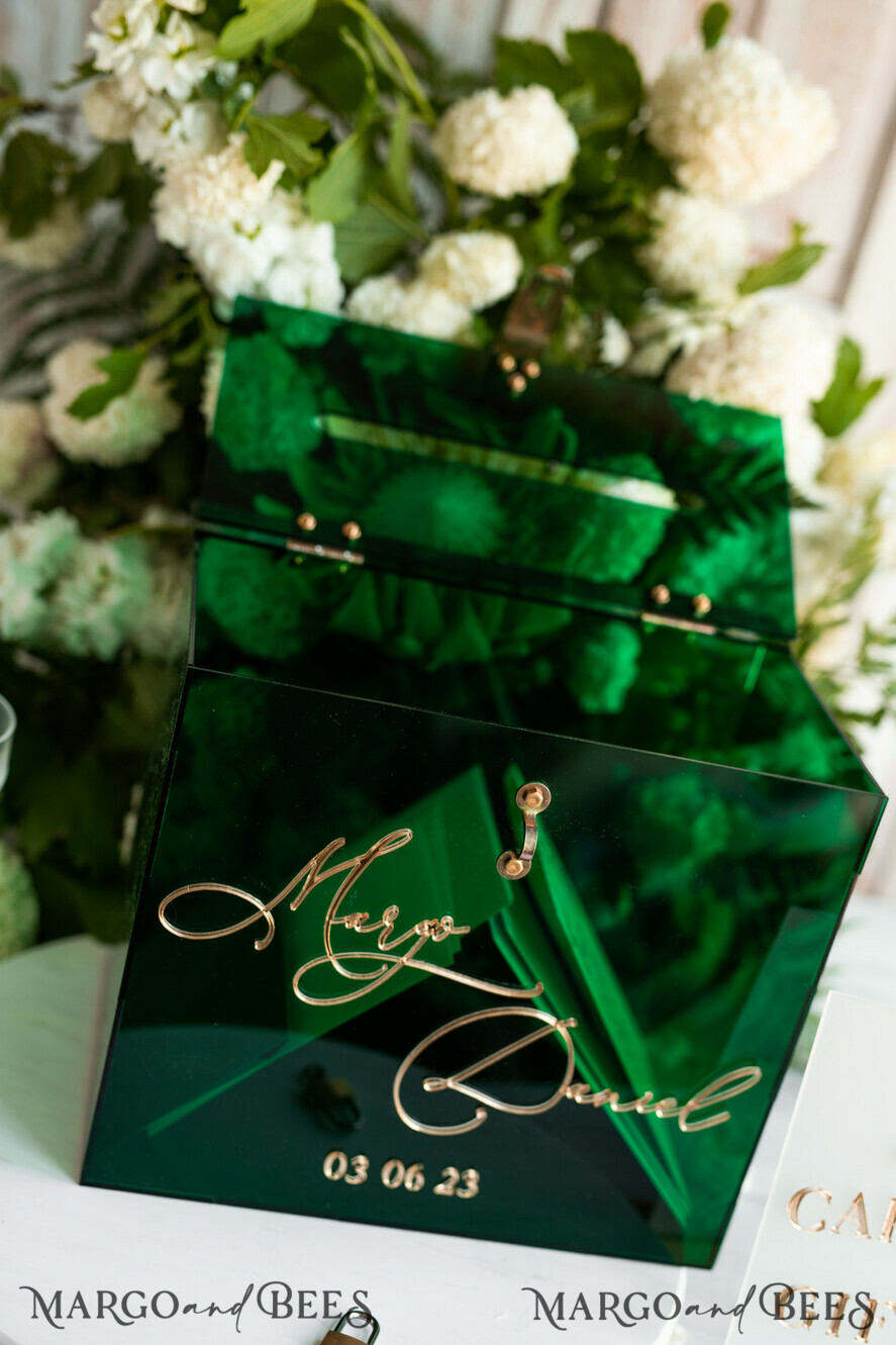 CARD BOXES acrylic Cards box Elegant Emerald Green wedding Set acrylic card box with Lock and sign cards & gifts, Personalized Wedding Card Box, Greenery Acryl Wedding Card Box with Lid,