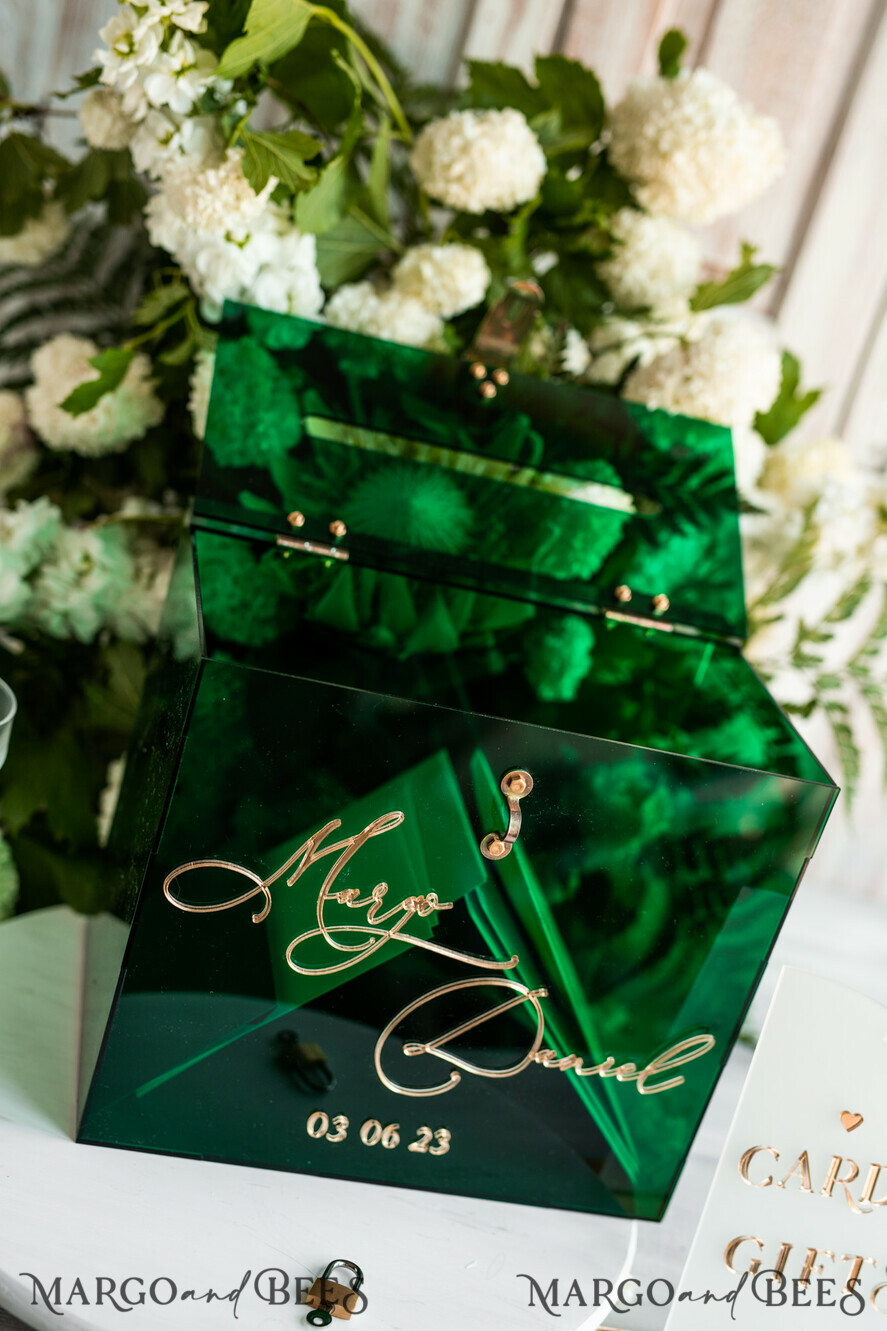 CARD BOXES acrylic Cards box Elegant Emerald Green wedding Set acrylic card box with Lock and sign cards & gifts, Personalized Wedding Card Box, Greenery Acryl Wedding Card Box with Lid,