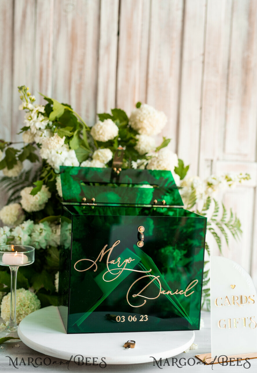 CARD BOXES acrylic Cards box Elegant Emerald Green wedding Set acrylic card box with Lock and sign cards & gifts, Personalized Wedding Card Box, Greenery Acryl Wedding Card Box with Lid,