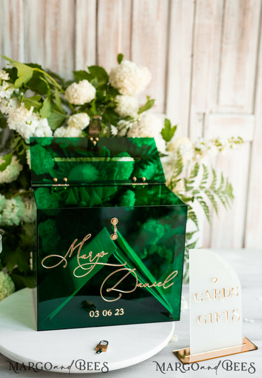 CARD BOXES acrylic Cards box Elegant Emerald Green wedding Set acrylic card box with Lock and sign cards & gifts, Personalized Wedding Card Box, Greenery Acryl Wedding Card Box with Lid,