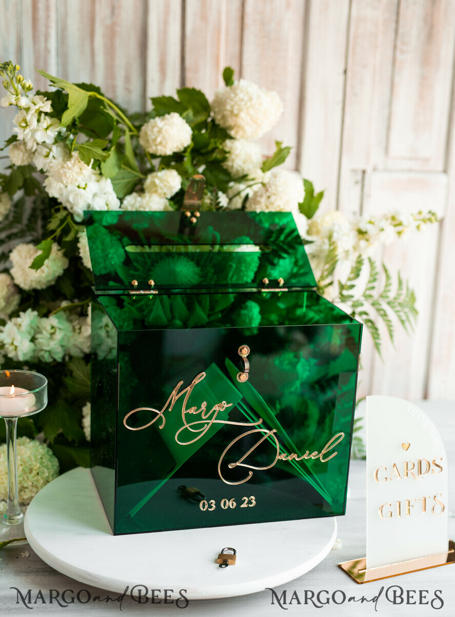 CARD BOXES acrylic Cards box Elegant Emerald Green wedding Set acrylic card box with Lock and sign cards & gifts, Personalized Wedding Card Box, Greenery Acryl Wedding Card Box with Lid,