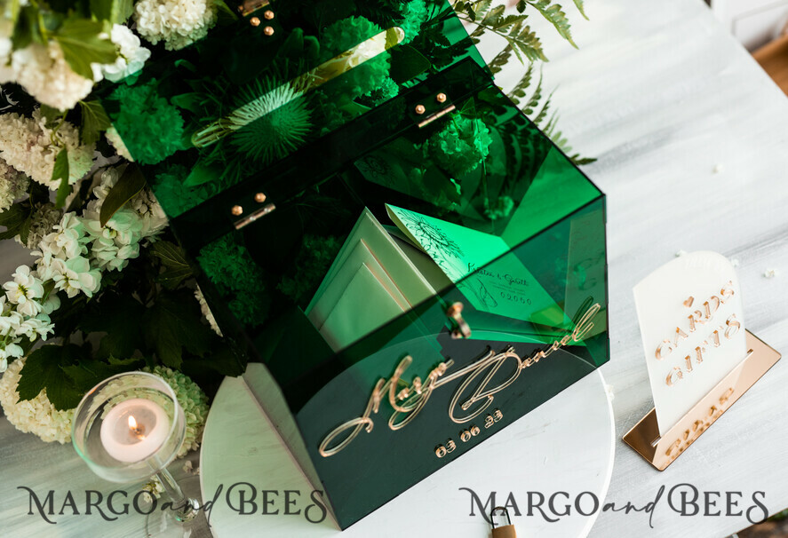 CARD BOXES acrylic Cards box Elegant Emerald Green wedding Set acrylic card box with Lock and sign cards & gifts, Personalized Wedding Card Box, Greenery Acryl Wedding Card Box with Lid,
