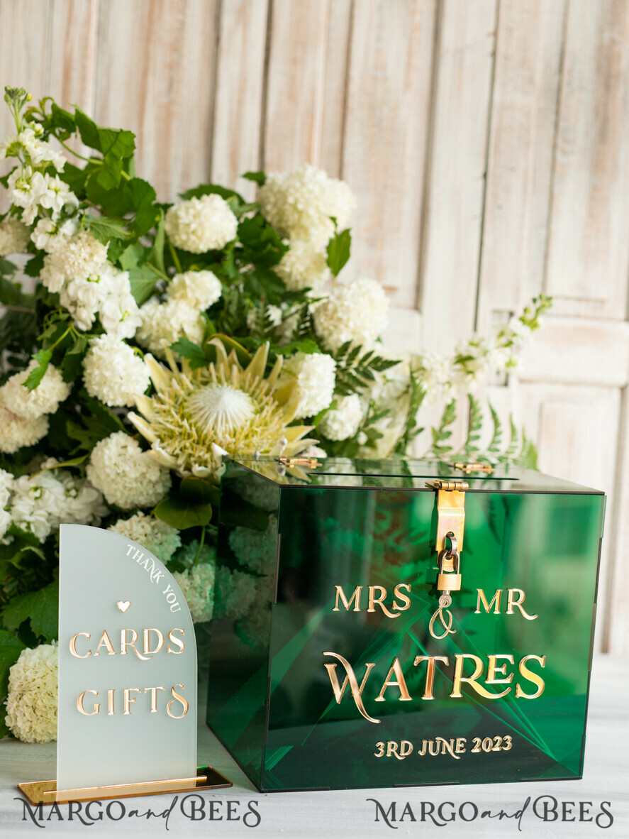 CARD BOXES acrylic Cards box Elegant Emerald Green wedding Set acrylic card box with Lock and sign cards & gifts, Personalized Wedding Card Box, Greenery Acryl Wedding Card Box with Lid,