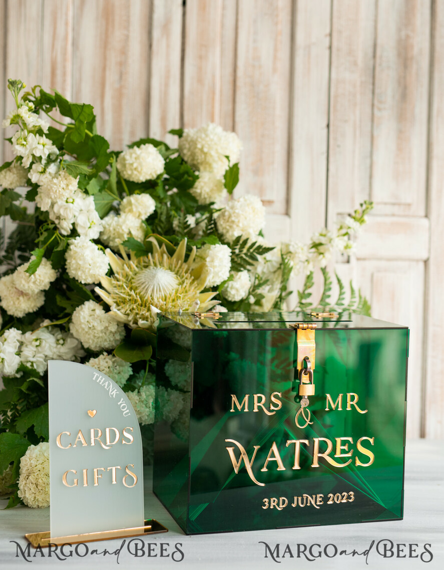 CARD BOXES acrylic Cards box Elegant Emerald Green wedding Set acrylic card box with Lock and sign cards & gifts, Personalized Wedding Card Box, Greenery Acryl Wedding Card Box with Lid,