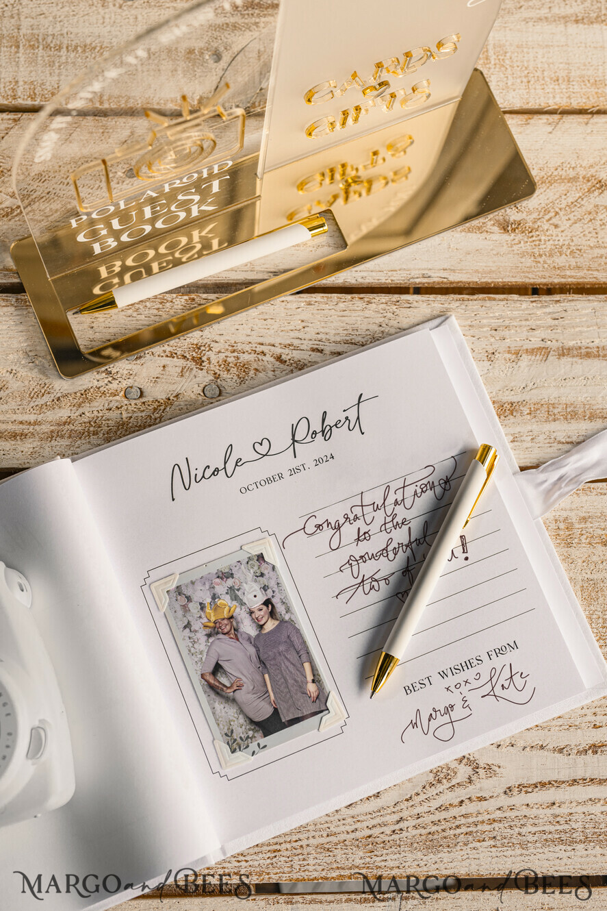WEDDING GUEST BOOKS Instax Instant Photo Book Pure White Gold Acrylic Wedding Guest Book Personalised and sign set, Velvet white Instant Photo Book Boho Elegant Instax Wedding Photo Guestbook