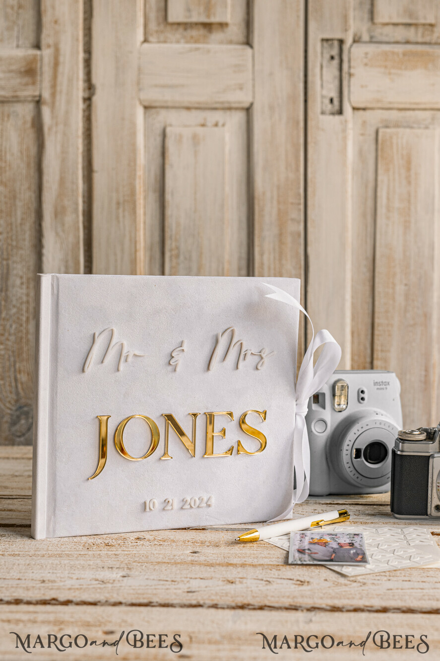 WEDDING GUEST BOOKS Instax Instant Photo Book Pure White Gold Acrylic Wedding Guest Book Personalised and sign set, Velvet white Instant Photo Book Boho Elegant Instax Wedding Photo Guestbook