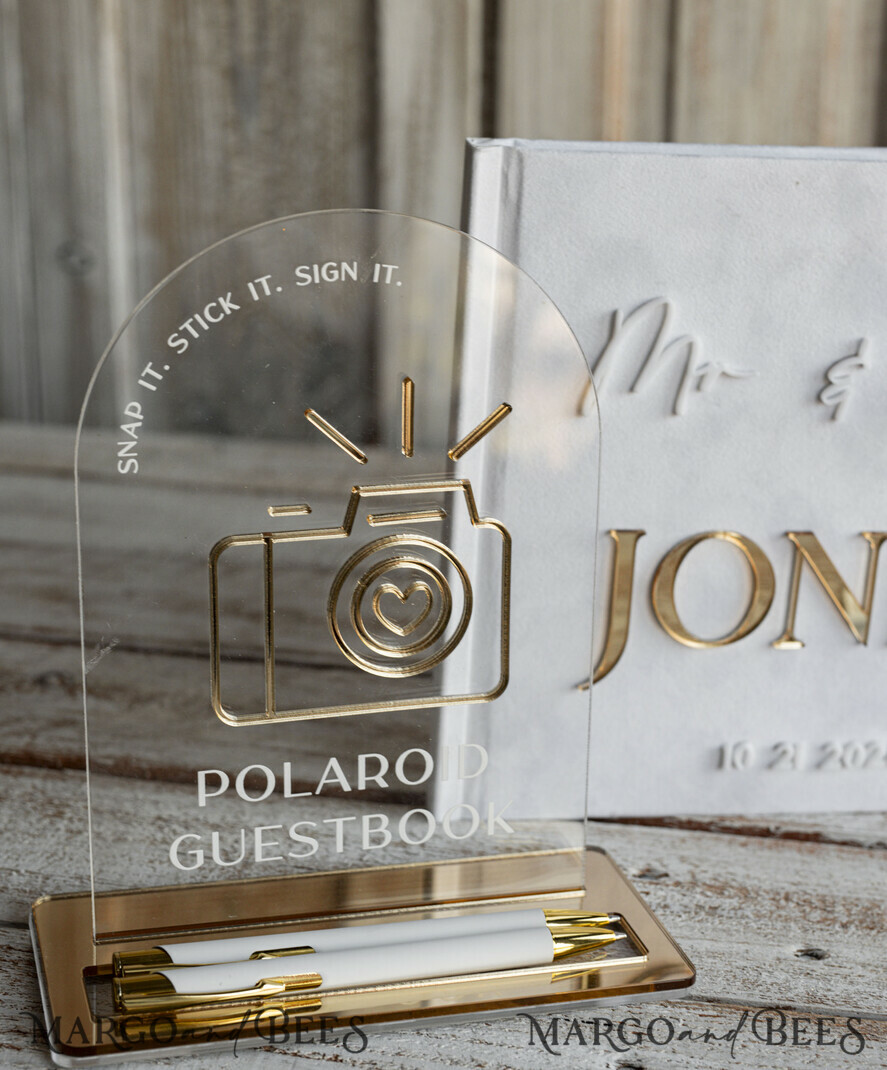 WEDDING GUEST BOOKS Instax Instant Photo Book Pure White Gold Acrylic Wedding Guest Book Personalised and sign set, Velvet white Instant Photo Book Boho Elegant Instax Wedding Photo Guestbook