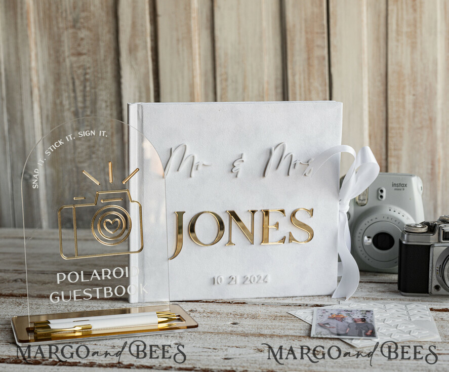 WEDDING GUEST BOOKS Instax Instant Photo Book Pure White Gold Acrylic Wedding Guest Book Personalised and sign set, Velvet white Instant Photo Book Boho Elegant Instax Wedding Photo Guestbook