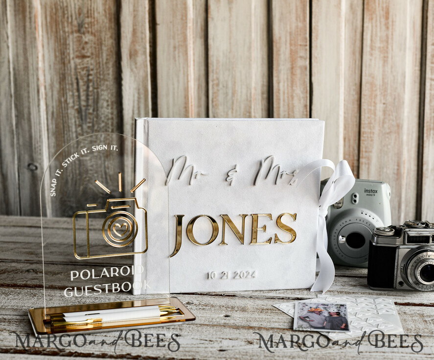 WEDDING GUEST BOOKS Instax Instant Photo Book Pure White Gold Acrylic Wedding Guest Book Personalised and sign set, Velvet white Instant Photo Book Boho Elegant Instax Wedding Photo Guestbook