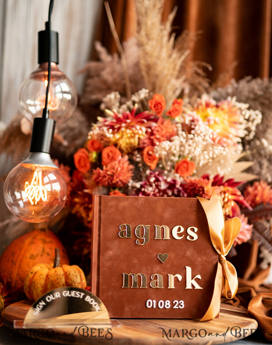 WEDDING GUEST BOOKS Instax Instant Photo Book Fall Terracotta Gold Acrylic Wedding Guest Book Personalised, Velvet Rust Instant Photo Book Boho Elegant Instax Wedding Photo Guestbook