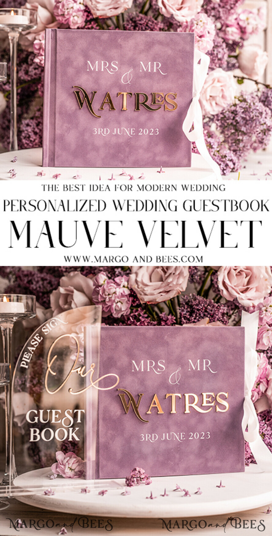 WEDDING GUEST BOOKS Instax Instant Photo Book Mauve Gold Acrylic Wedding Guest Book Personalised, Velvet Dusty Rose Instant Photo Book Boho Elegant Instax Wedding Photo Guestbook