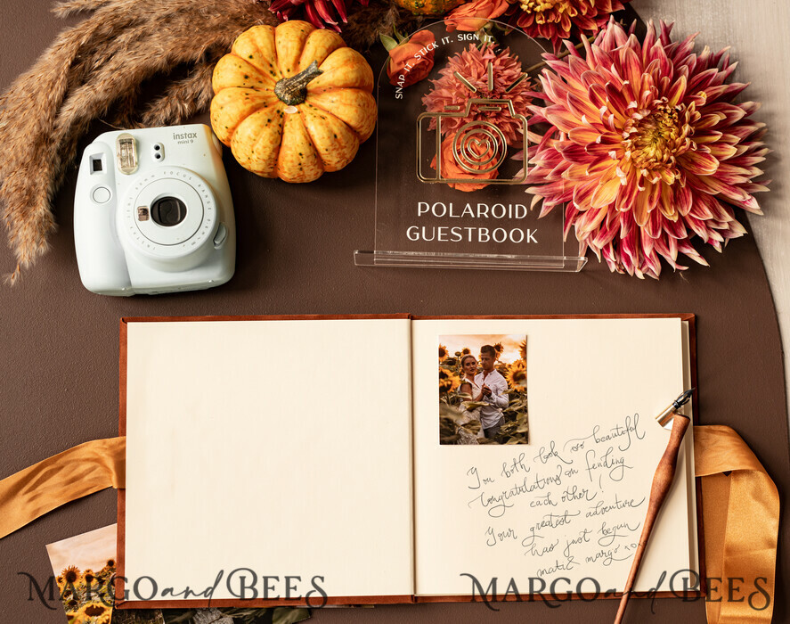 WEDDING GUEST BOOKS Instax Instant Photo Book Fall Terracotta Gold Acrylic Wedding Guest Book Personalised and sign set, Velvet Rust Instant Photo Book Boho Elegant Instax Wedding Photo Guestbook