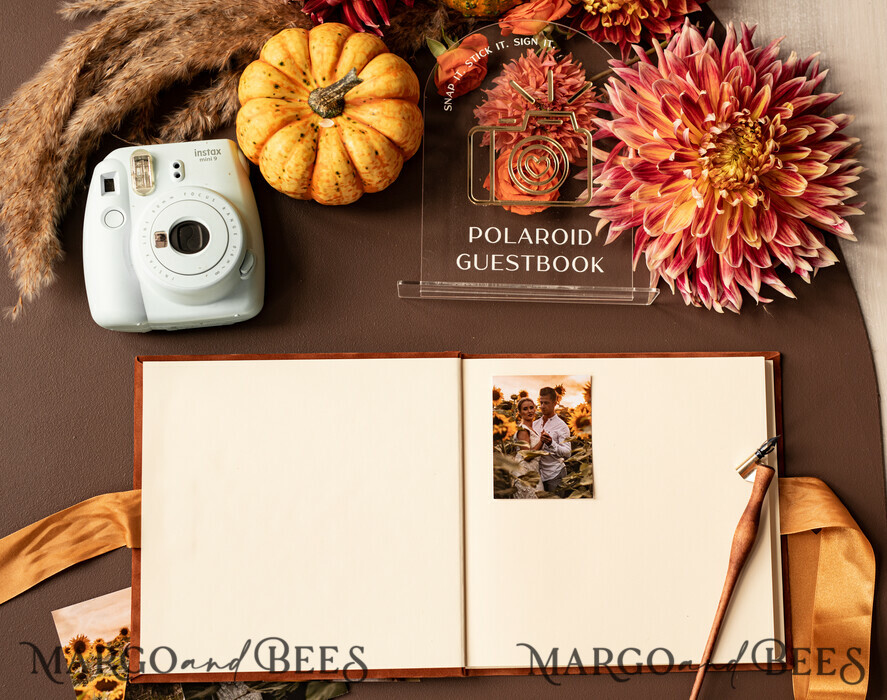 WEDDING GUEST BOOKS Instax Instant Photo Book Fall Terracotta Gold Acrylic Wedding Guest Book Personalised and sign set, Velvet Rust Instant Photo Book Boho Elegant Instax Wedding Photo Guestbook