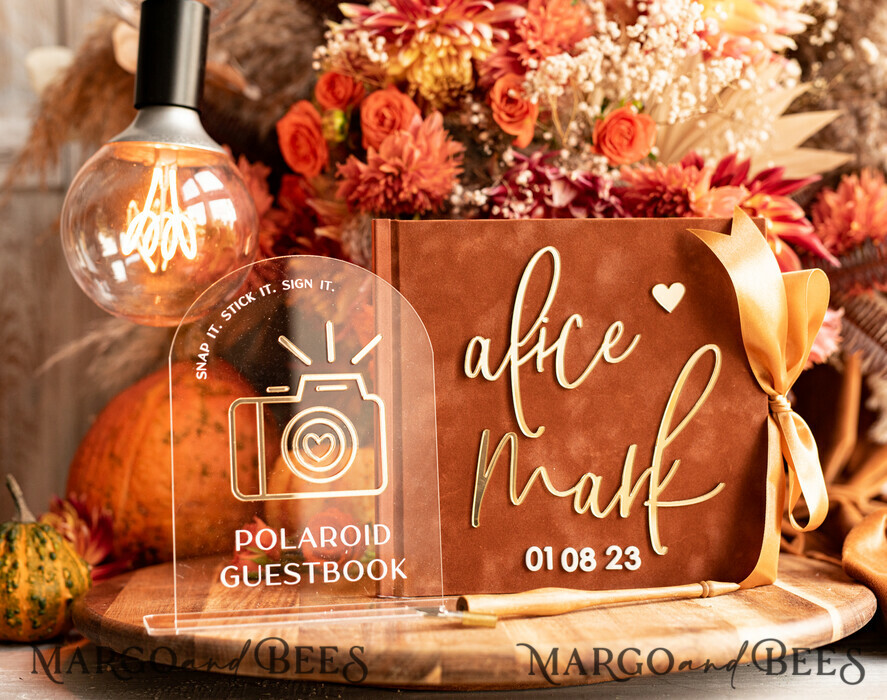 WEDDING GUEST BOOKS Instax Instant Photo Book Fall Terracotta Gold Acrylic Wedding Guest Book Personalised and sign set, Velvet Rust Instant Photo Book Boho Elegant Instax Wedding Photo Guestbook