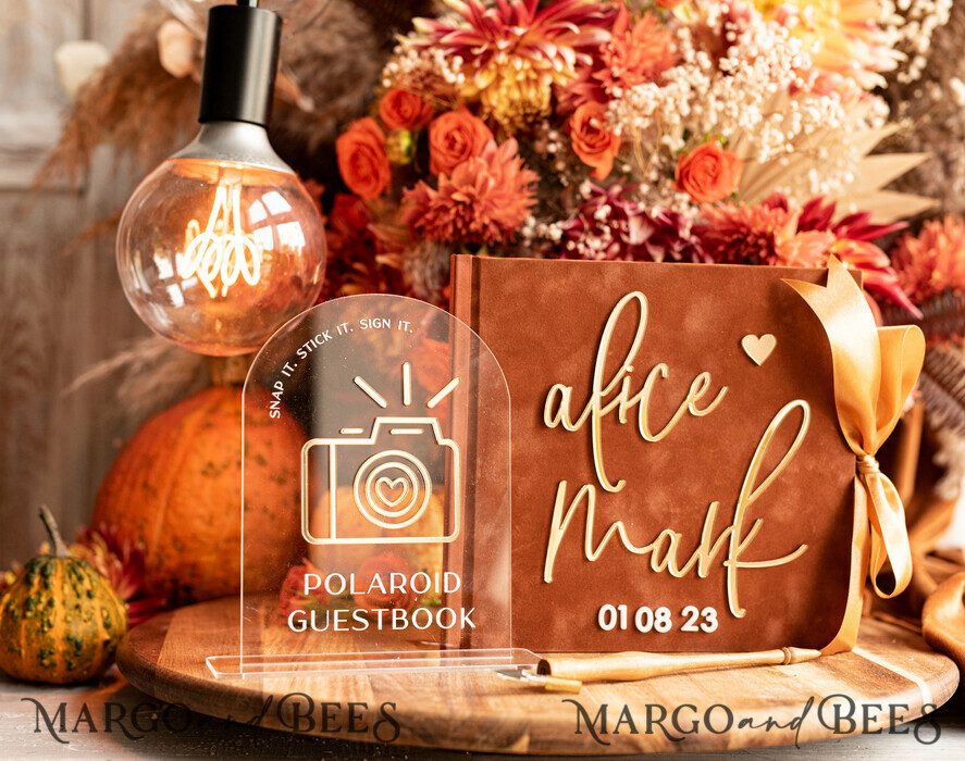 WEDDING GUEST BOOKS Instax Instant Photo Book Fall Terracotta Gold Acrylic Wedding Guest Book Personalised and sign set, Velvet Rust Instant Photo Book Boho Elegant Instax Wedding Photo Guestbook
