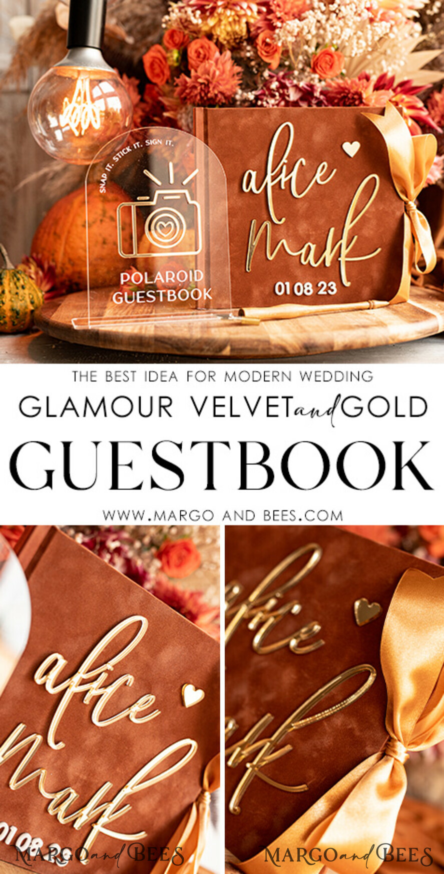 WEDDING GUEST BOOKS Instax Instant Photo Book Fall Terracotta Gold Acrylic Wedding Guest Book Personalised and sign set, Velvet Rust Instant Photo Book Boho Elegant Instax Wedding Photo Guestbook