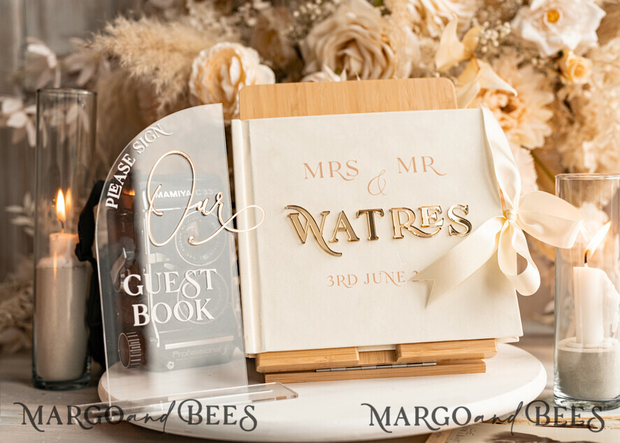 WEDDING GUEST BOOKS Instax Instant Photo Book Ivory Gold Acrylic Wedding Guest Book Personalised & sign set, Velvet Instant Photo Book Boho Elegant Instax Wedding Photo Guestbook