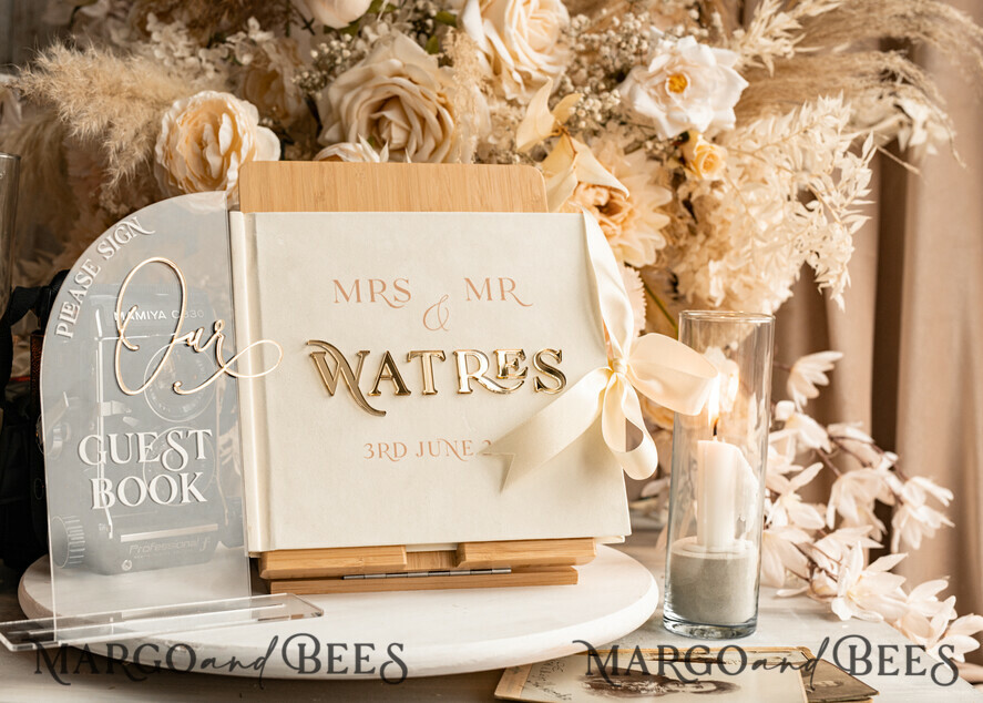 WEDDING GUEST BOOKS Instax Instant Photo Book Ivory Gold Acrylic Wedding Guest Book Personalised & sign set, Velvet Instant Photo Book Boho Elegant Instax Wedding Photo Guestbook