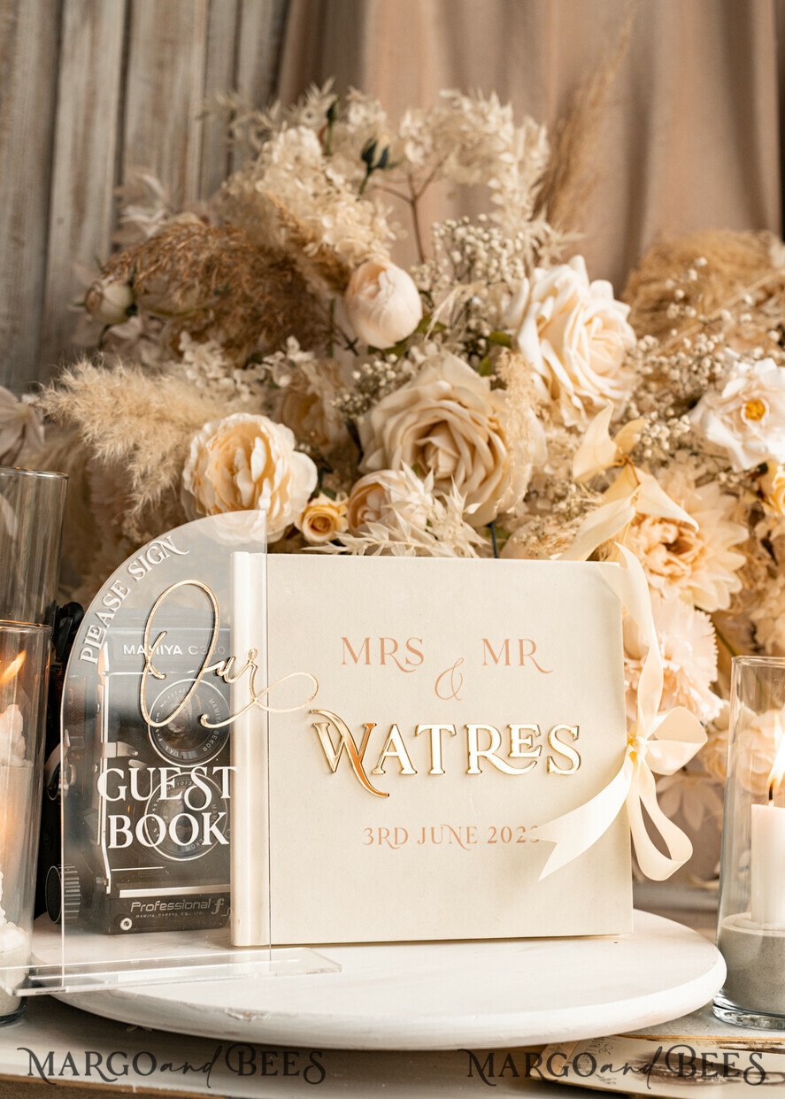 WEDDING GUEST BOOKS Instax Instant Photo Book Ivory Gold Acrylic Wedding Guest Book Personalised & sign set, Velvet Instant Photo Book Boho Elegant Instax Wedding Photo Guestbook