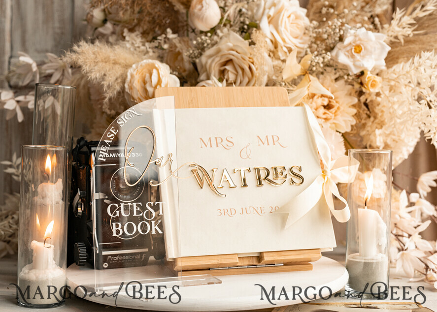 WEDDING GUEST BOOKS Instax Instant Photo Book Ivory Gold Acrylic Wedding Guest Book Personalised & sign set, Velvet Instant Photo Book Boho Elegant Instax Wedding Photo Guestbook