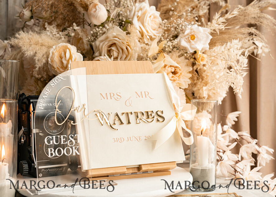 WEDDING GUEST BOOKS Instax Instant Photo Book Ivory Gold Acrylic Wedding Guest Book Personalised & sign set, Velvet Instant Photo Book Boho Elegant Instax Wedding Photo Guestbook