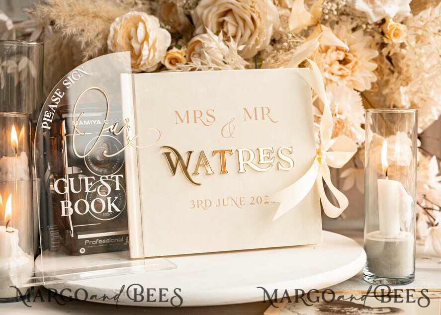 WEDDING GUEST BOOKS Instax Instant Photo Book Ivory Gold Acrylic Wedding Guest Book Personalised & sign set, Velvet Instant Photo Book Boho Elegant Instax Wedding Photo Guestbook