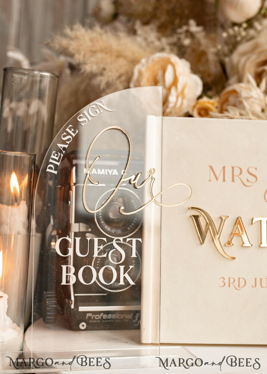 WEDDING GUEST BOOKS Instax Instant Photo Book Ivory Gold Acrylic Wedding Guest Book Personalised & sign set, Velvet Instant Photo Book Boho Elegant Instax Wedding Photo Guestbook