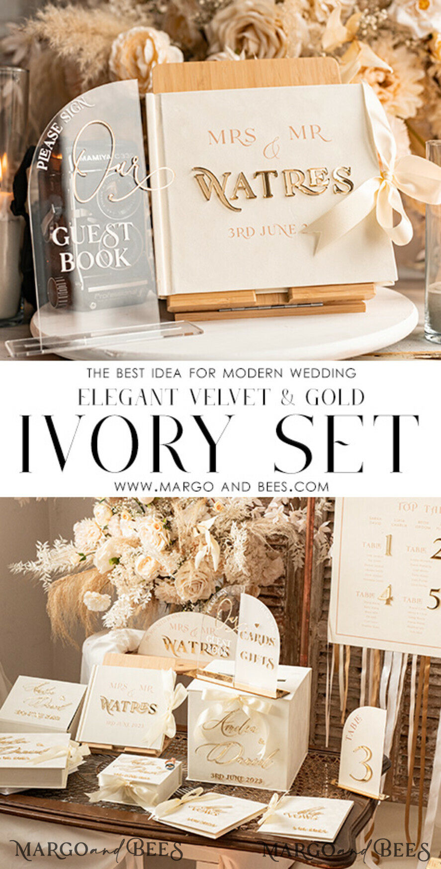 WEDDING GUEST BOOKS Instax Instant Photo Book Ivory Gold Acrylic Wedding Guest Book Personalised & sign set, Velvet Instant Photo Book Boho Elegant Instax Wedding Photo Guestbook