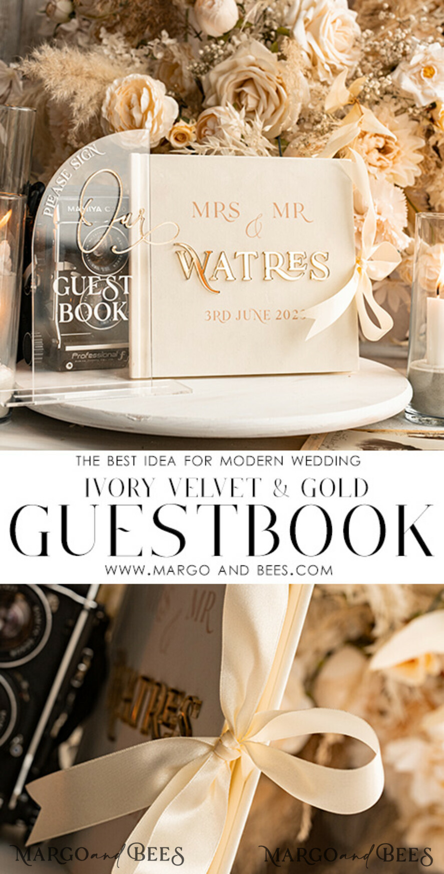 WEDDING GUEST BOOKS Instax Instant Photo Book Ivory Gold Acrylic Wedding Guest Book Personalised & sign set, Velvet Instant Photo Book Boho Elegant Instax Wedding Photo Guestbook
