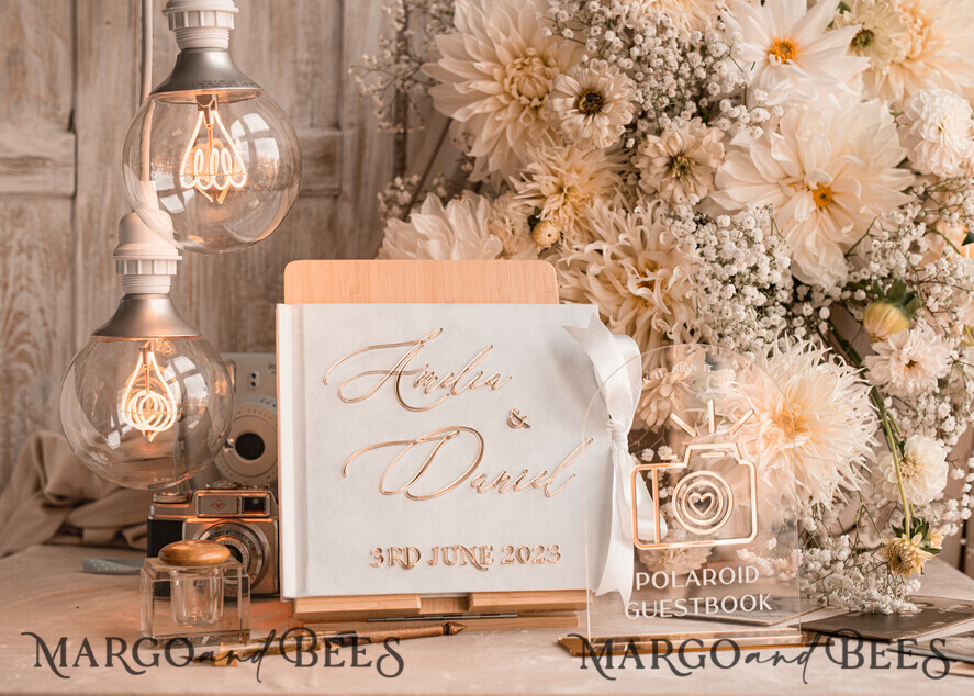 WEDDING GUEST BOOKS Instax Instant Photo Book Pure White Gold Acrylic Wedding Guest Book Personalised and sign set, Velvet Instant Photo Book Boho Elegant Instax Wedding Photo Guestbook