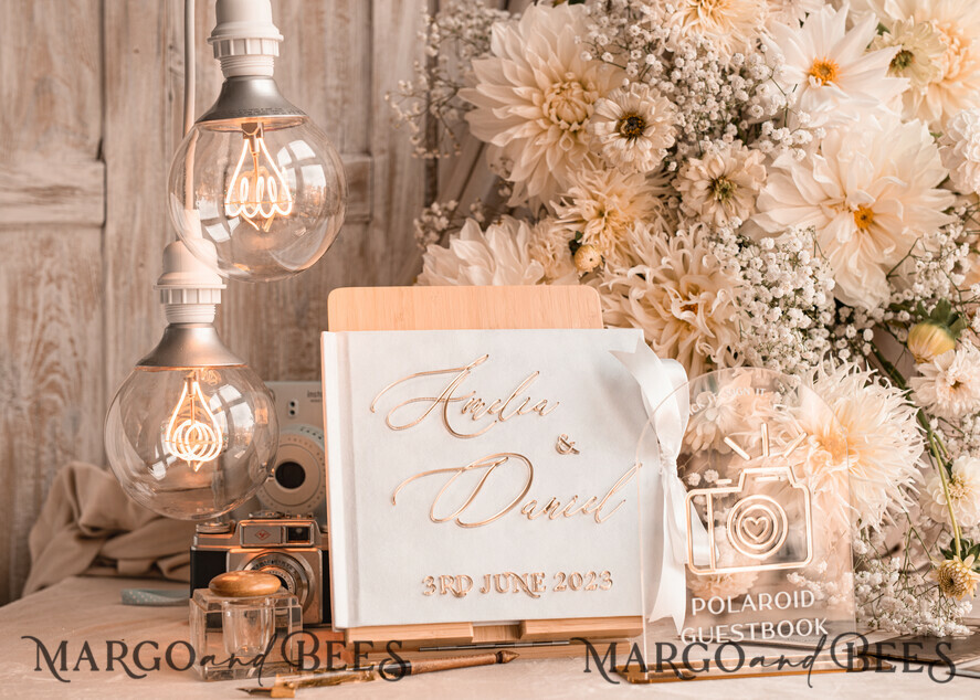 WEDDING GUEST BOOKS Instax Instant Photo Book Pure White Gold Acrylic Wedding Guest Book Personalised and sign set, Velvet Instant Photo Book Boho Elegant Instax Wedding Photo Guestbook