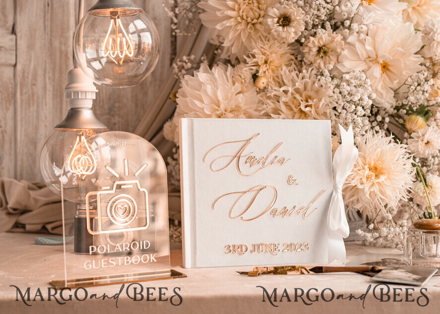 WEDDING GUEST BOOKS Instax Instant Photo Book Pure White Gold Acrylic Wedding Guest Book Personalised and sign set, Velvet Instant Photo Book Boho Elegant Instax Wedding Photo Guestbook