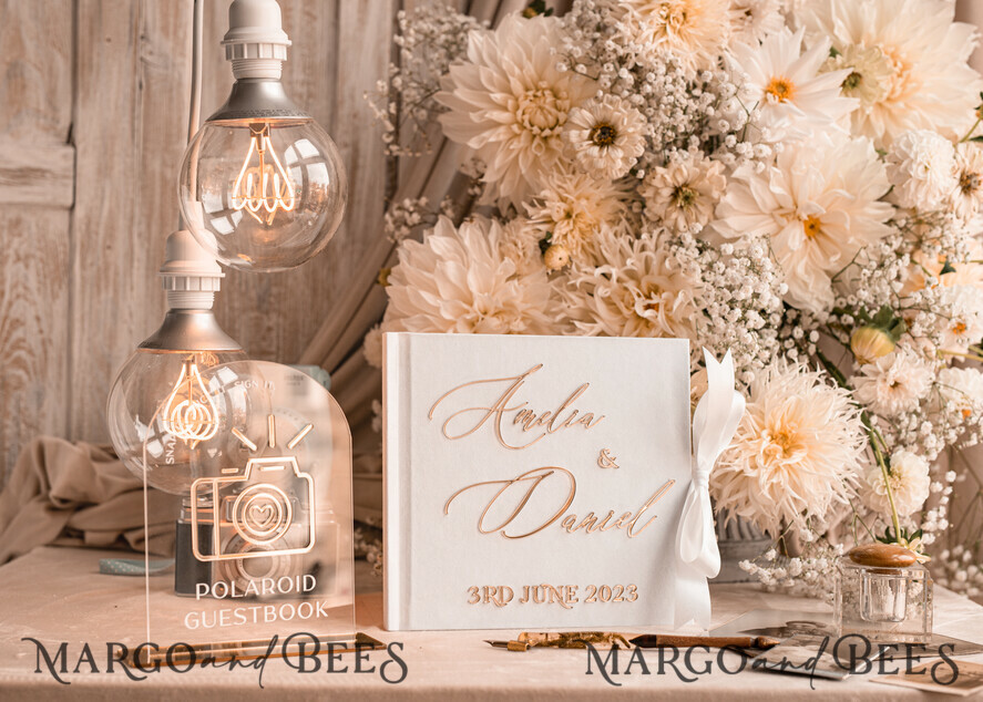 WEDDING GUEST BOOKS Instax Instant Photo Book Pure White Gold Acrylic Wedding Guest Book Personalised and sign set, Velvet Instant Photo Book Boho Elegant Instax Wedding Photo Guestbook