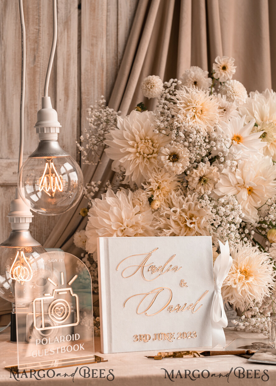 WEDDING GUEST BOOKS Instax Instant Photo Book Pure White Gold Acrylic Wedding Guest Book Personalised and sign set, Velvet Instant Photo Book Boho Elegant Instax Wedding Photo Guestbook