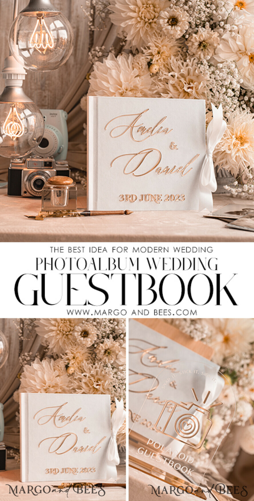 WEDDING GUEST BOOKS Instax Instant Photo Book Pure White Gold Acrylic Wedding Guest Book Personalised and sign set, Velvet Instant Photo Book Boho Elegant Instax Wedding Photo Guestbook