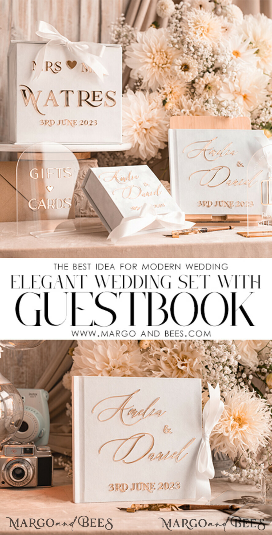 WEDDING GUEST BOOKS Instax Instant Photo Book Pure White Gold Acrylic Wedding Guest Book Personalised and sign set, Velvet Instant Photo Book Boho Elegant Instax Wedding Photo Guestbook