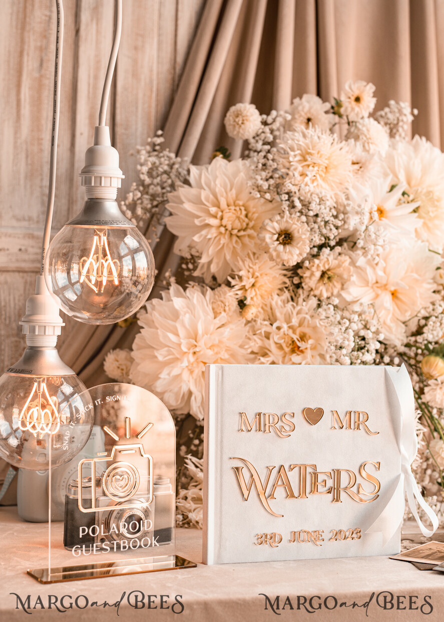WEDDING GUEST BOOKS Instax Instant Photo Book Pure White Gold Acrylic Wedding Guest Book Personalised and sign set, Velvet Instant Photo Book Boho Elegant Instax Wedding Photo Guestbook