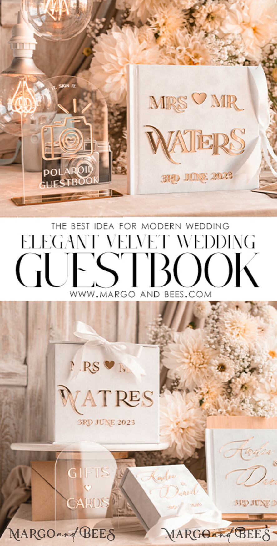 WEDDING GUEST BOOKS Instax Instant Photo Book Pure White Gold Acrylic Wedding Guest Book Personalised and sign set, Velvet Instant Photo Book Boho Elegant Instax Wedding Photo Guestbook