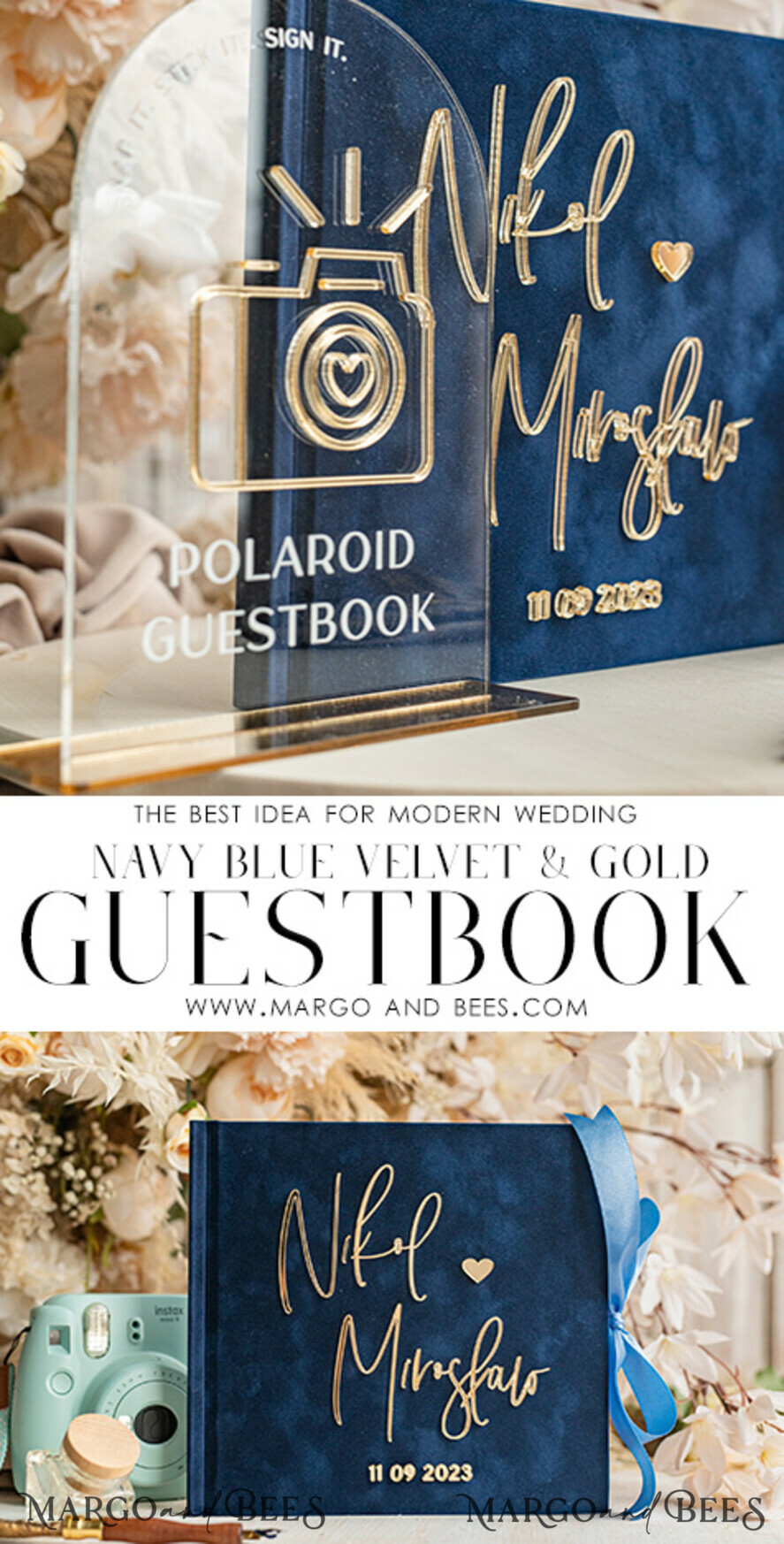 WEDDING GUEST BOOKS Instax Instant Photo Book Navy Blue Gold Acrylic Wedding Guest Book Personalised & sign set, Velvet Dark Blue Instant Photo Book Boho Elegant Instax Wedding Photo Guestbook