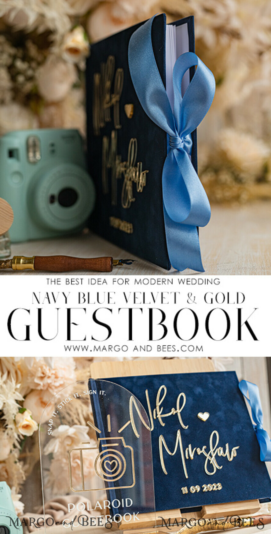 WEDDING GUEST BOOKS Instax Instant Photo Book Navy Blue Gold Acrylic Wedding Guest Book Personalised & sign set, Velvet Dark Blue Instant Photo Book Boho Elegant Instax Wedding Photo Guestbook