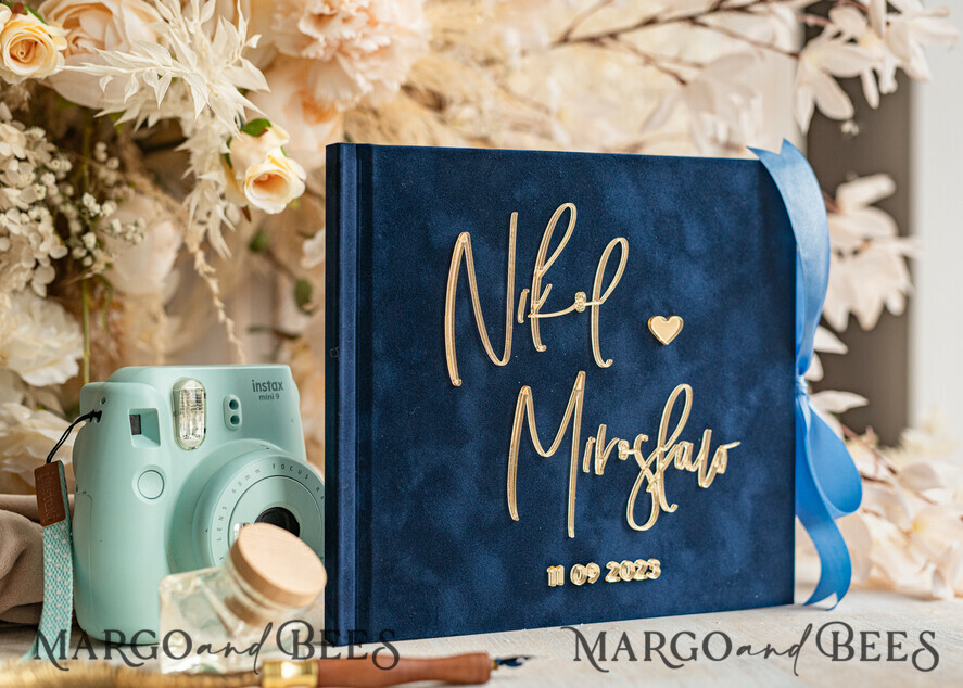WEDDING GUEST BOOKS Instax Instant Photo Book Navy Blue Gold Acrylic Wedding Guest Book Personalised & sign set, Velvet Dark Blue Instant Photo Book Boho Elegant Instax Wedding Photo Guestbook