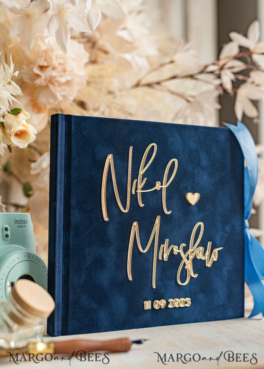 WEDDING GUEST BOOKS Instax Instant Photo Book Navy Blue Gold Acrylic Wedding Guest Book Personalised & sign set, Velvet Dark Blue Instant Photo Book Boho Elegant Instax Wedding Photo Guestbook